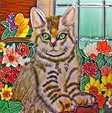 Continental Art Center BD-2034 8 by 8-Inch Cat in a Basket Ceramic Art Tile