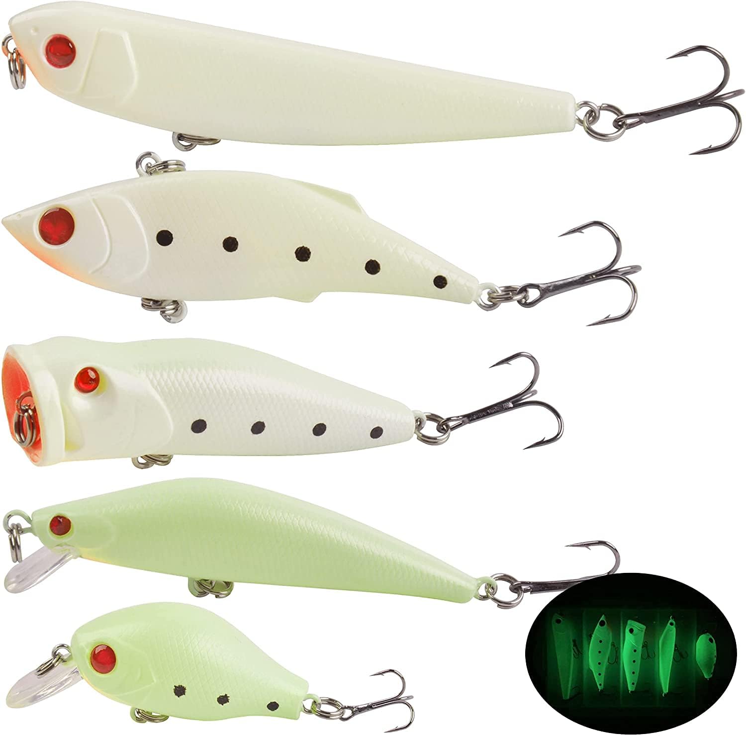 Glow Fishing Lures Kit Luminous VIB Popper Crank Minnow Pencil for Night Fishing Glow in The Dark Artificial Hard Baits with Treble Hook for Bass Trout Catfish Saltwater Freshwater