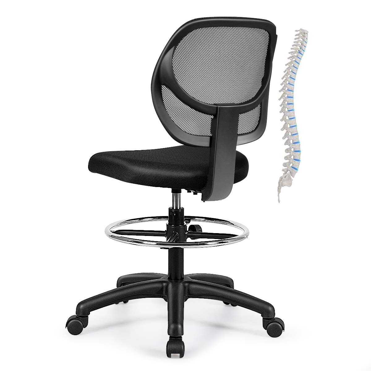 POWERSTONE Drafting Chair Mid-Back Office Chair Black Mesh