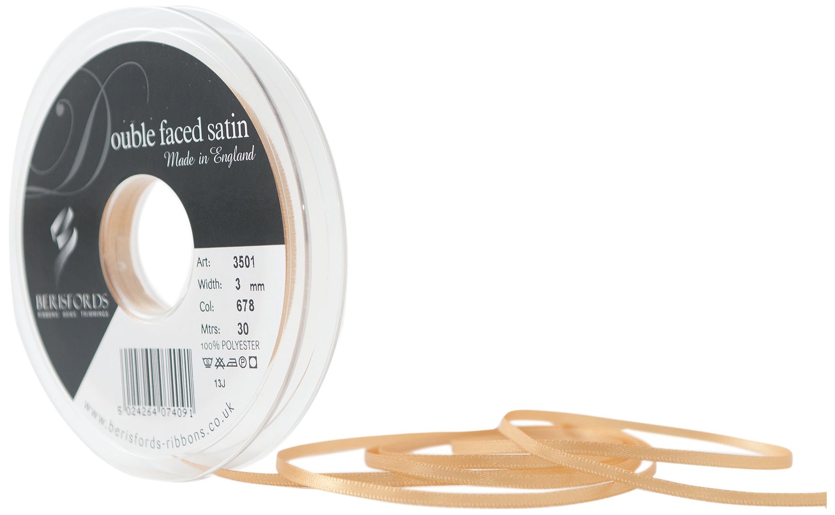 Berisfords Double Satin Ribbon, Honey Gold, 3 mm — image 1