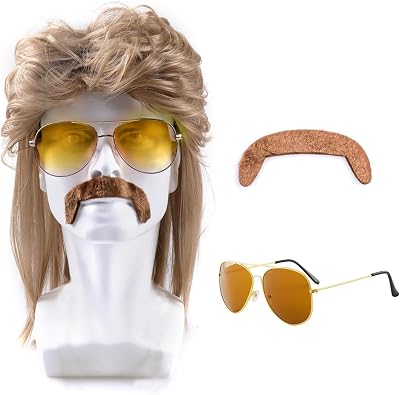 Ninnyi 3 Piece Mullet Wig Set Brown Sunglasses Mustache Mens 80s Retro Kit