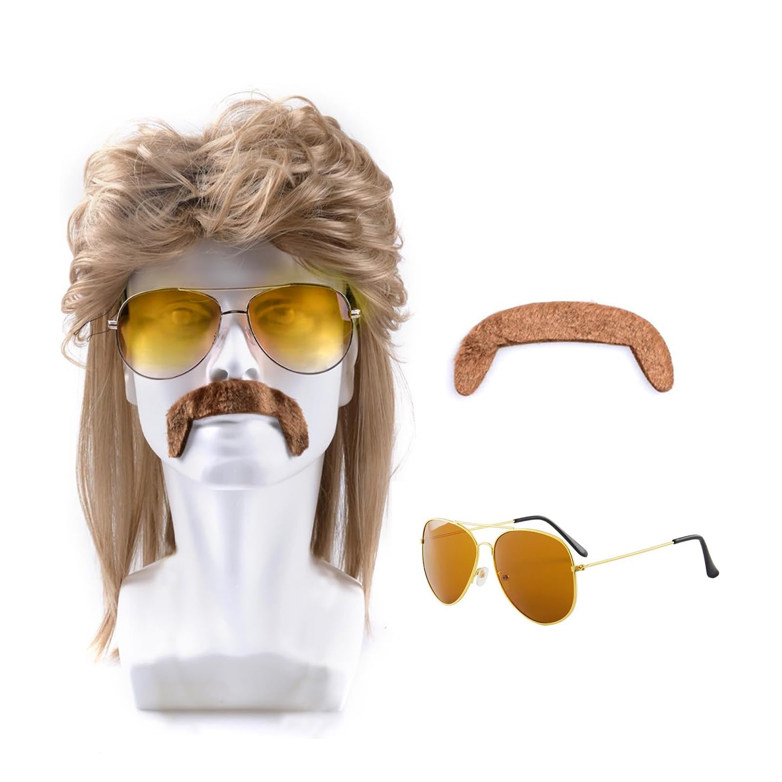 Ninnyi 3 Piece Set Brown 80s Mens Wig, Retro Pop Rock Curly Mullet Wigs for Men Halloween Costume Party Accessories