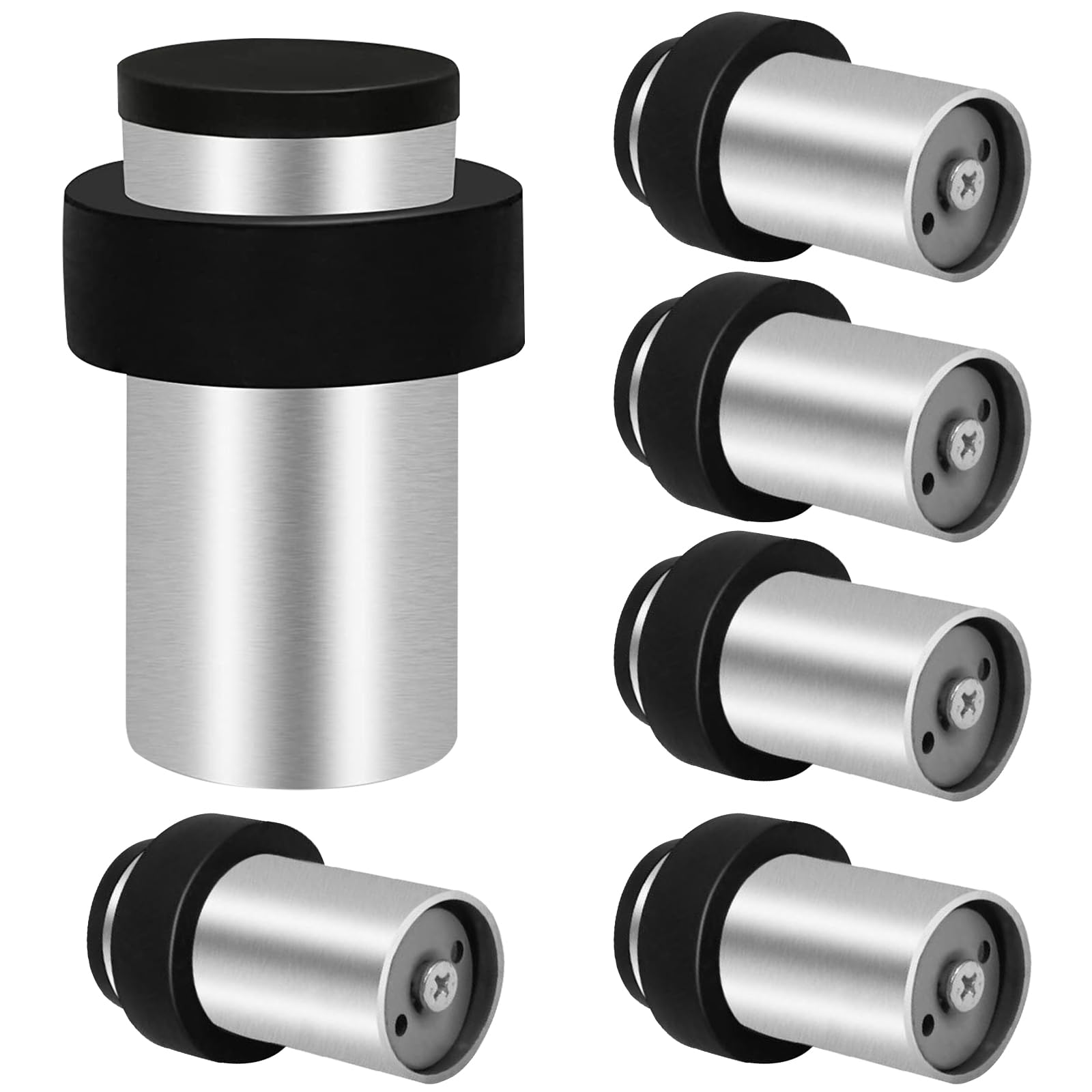 Door Stop, 6 Pack Silver Door Stopper for Floor, Wall Mounted Door Stops Heavy Duty Stainless Steel Door Stoppers for Skirting,Tall Cylindrical Doorstop with Sound Dampening Rubber Top & Ring, 64mm
