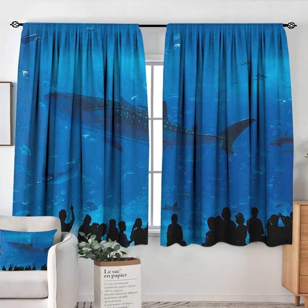 Theresa Dewey Window Curtains Shark,Japanese Aquarium Park with People Silhouettes Watching Underwater Life Hobby Image, Blue Black,Fashionable Illustration Customized Curtain 63"X63"