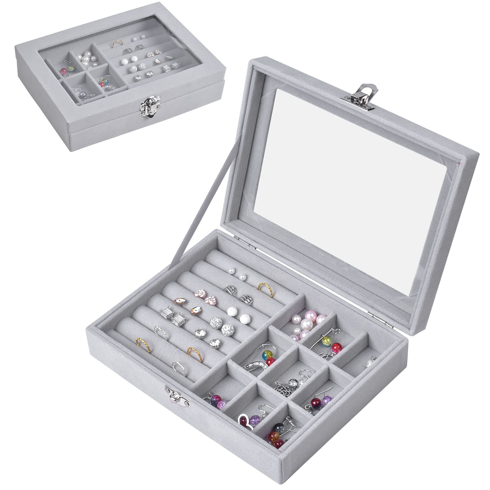 Jewellery Box Organiser 9 Grids Jewelry Storage Case, Velvet Lockable Jewellery Organiser, Removal Tray, Ring Storage Slot, Ring Jewellery Display Storage Box Tray for Rings Earrings Necklace - Grey
