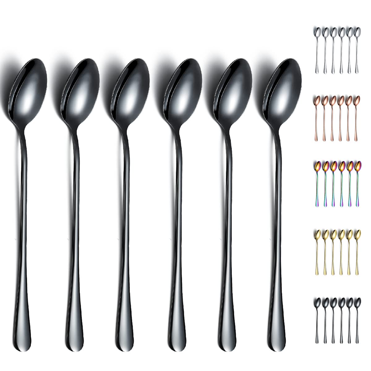 Black Iced Spoon,Kyraton Stainless Steel 7.5" Long Handle Mixing Spoon with Black Titanium Plating,Ice Cream Spoon, Stirring Bar Spoon, Cocktail Spoon, Latte Spoon Pack of 6