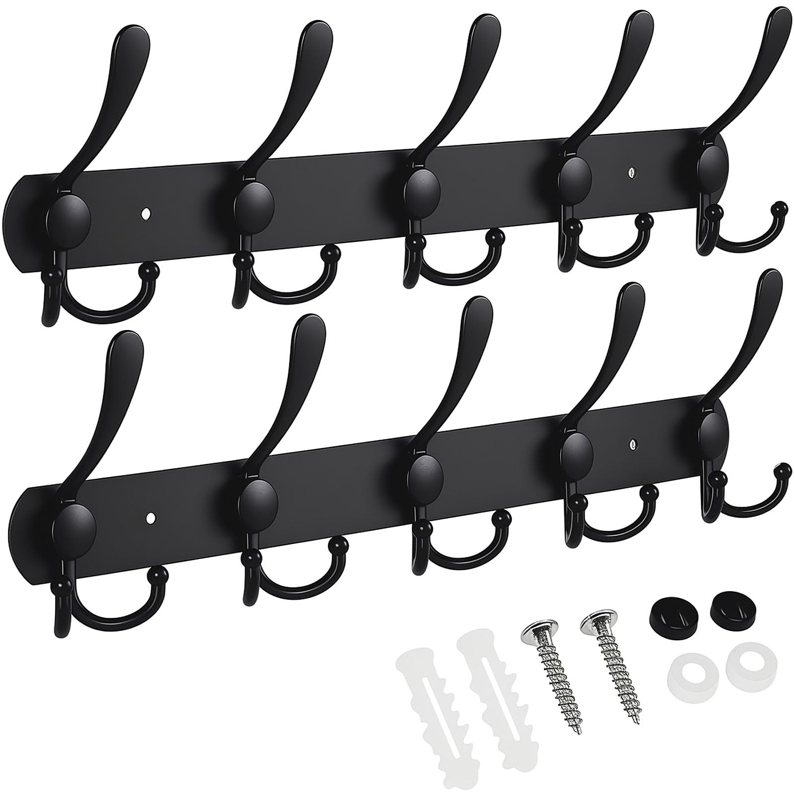 JPGhaha 2 Pack Coat Hooks Rack 15 Tri Wall Mounted Max 10kg Upgrade Stainless Steel Screw Transparent Plastic Expansion Tubes Heavy Duty Hooks for Clothes Hats Towels Black