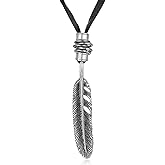 BIYONGDE Vintage Feather Leaf Pendant Necklace, Adjustable Black Leather, Men Women, Tribal Ethnic Folk