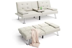 LINSY Futon Couch, Futon Sofa Bed, Modern Faux Leather Black Futon Bed, Futon Convertible Recliner Folding Sleeper Sofa, Adju