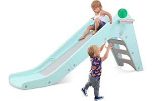 Arlopu Toddler Slide, Baby Indoor Foldable Slide with Basketball Hoop & Ball, 63" Extra Long Slope, Non-Slip Steps, Sturdy Plastic Outdoor Climber Playset for Boys and Girls (Robin Egg Blue)