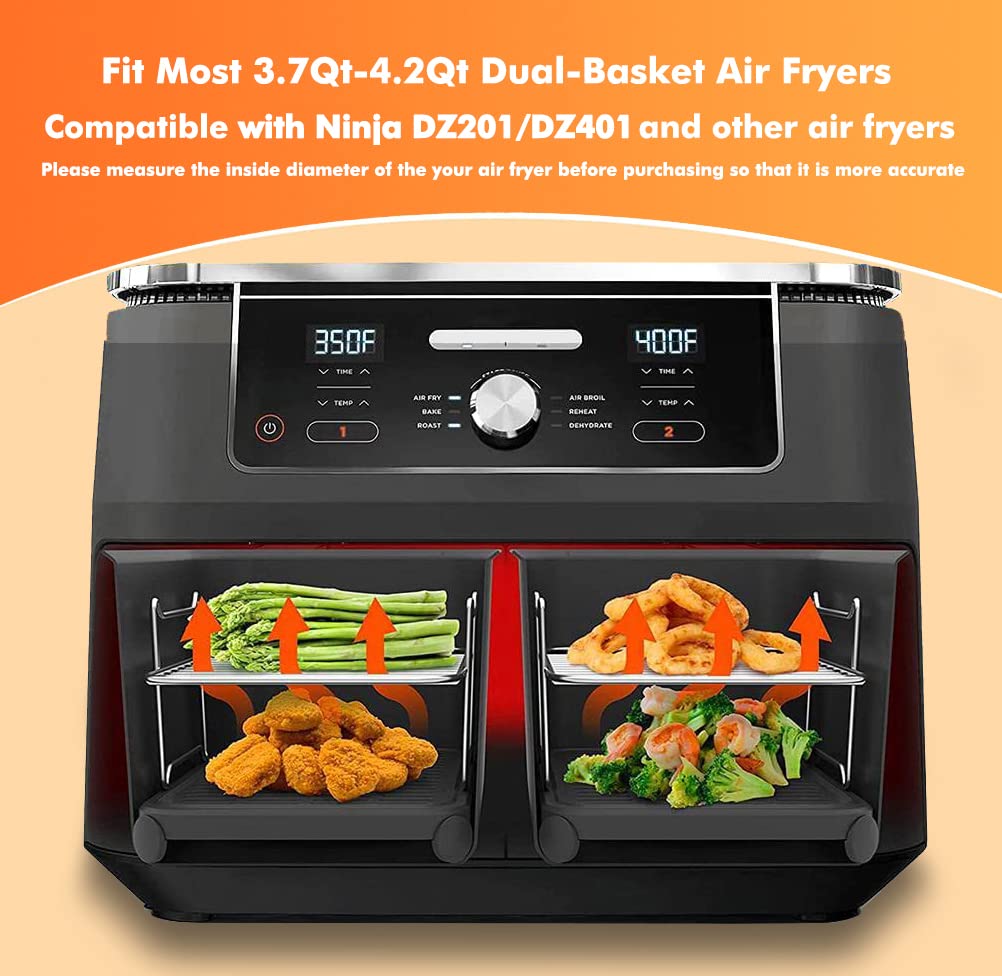 Dual Basket Air Fryer Accessories, Set of 10 Fit for Ninja Dual Air Fryer DZ201, DZ401 & Most 8 Quart - 10 Quart and Larger Dual Zone Air Fryer, Include Cake Pizza Pan, Rack & Skewer, Paper Liner, etc