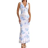 GLNEGE Women's Summer Floral Bodycon Maxi Dress Sexy Backless V Neck Wedding Guest Dresses 2025