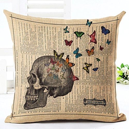 Venzhe Retro Newspaper Butterfly Skull Pillow Case Cushion Cover Decorative Skeleton Pillowcase 18x18 Inch - Pattern 3
