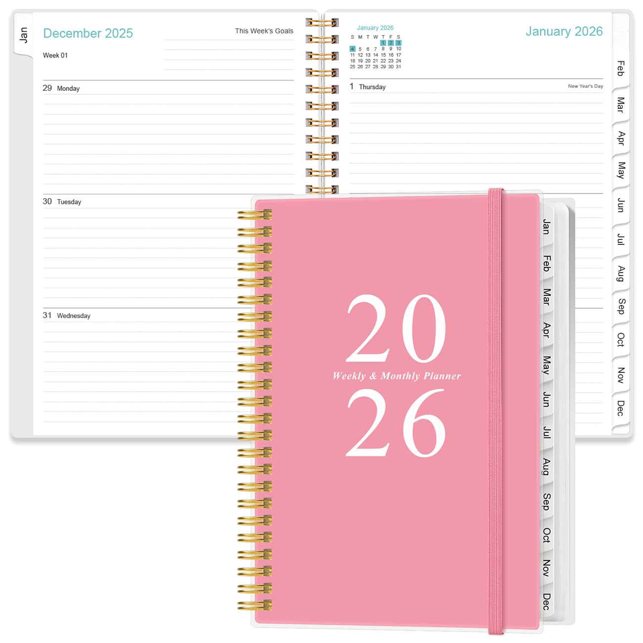 Photo 1 of 2026 Planner - A5 Weekly & Monthly Planners Spiral Bound, January 2026 - December 2026, 2026 Planner with Flexible Cover, Tabs, Inner Pocket, 6.4" x 8.5", Pink