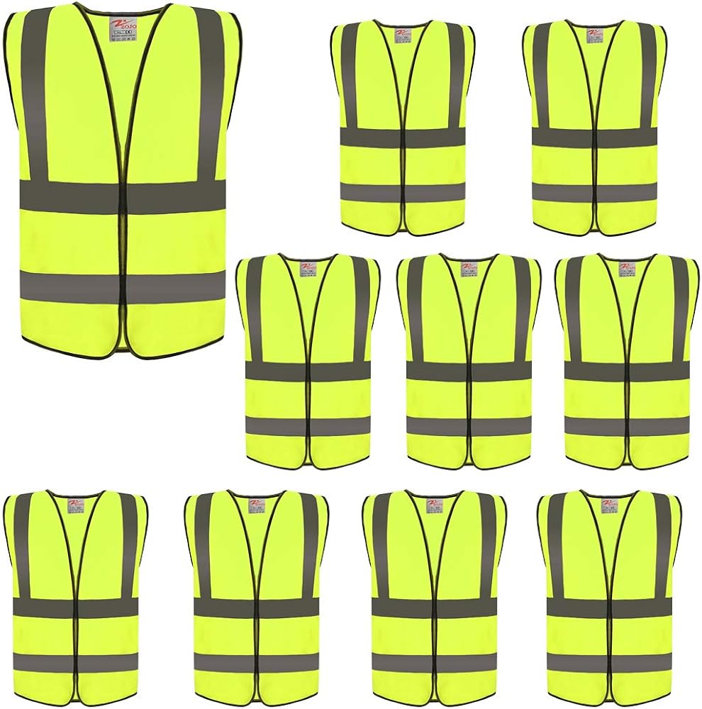 ZOJO High Visibility Reflective Vests, Adjustable Size, Lightweight Mesh Fabric, Wholesale Safety Vest for Outdoor Works, Cycling, Jogging, Walking, Sports - Fits for Men and Women (10 Pack, Neon Yellow) - - 