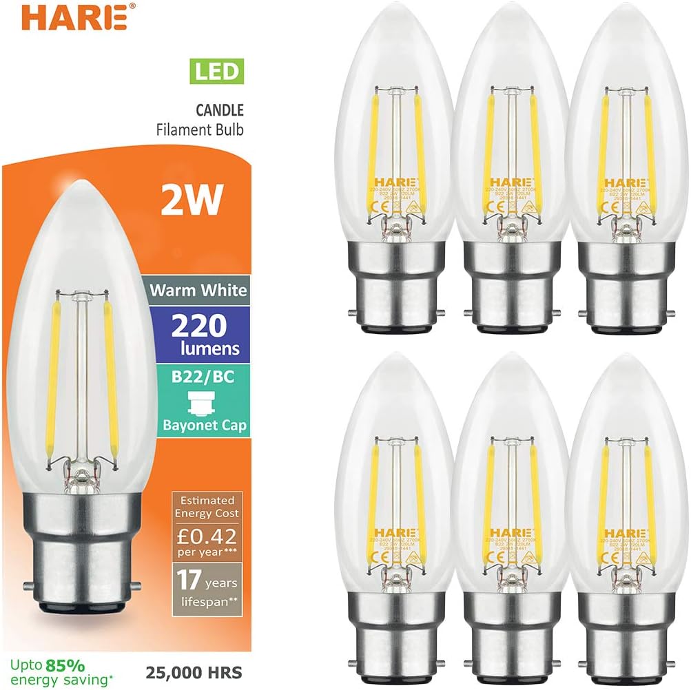 6 x LED Filament Candle Large Cap Bulbs 2W Equivalent 25W