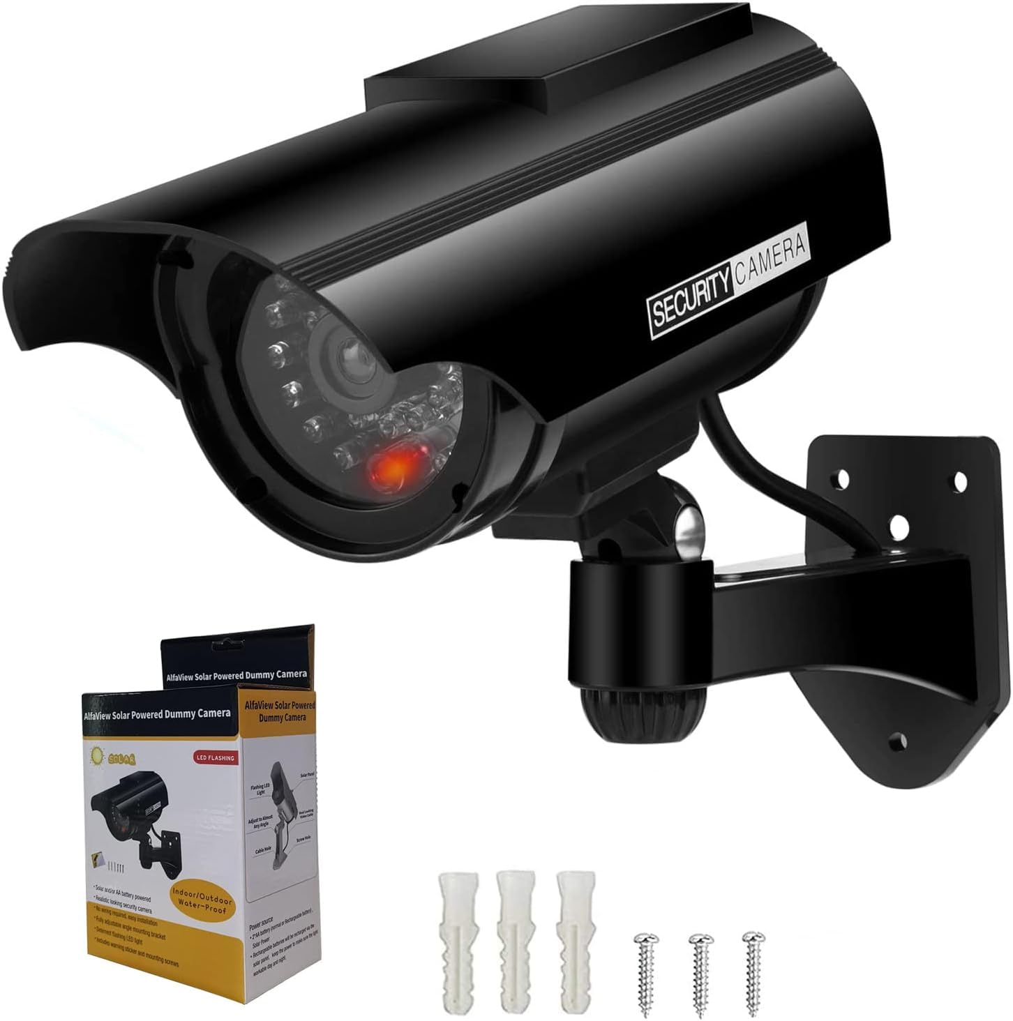 AlfaView Fake Dummy Imitation CCTV Security Camera, Fake Solar Powered Surveillance Camera with Flashing LED Light Bullet Shape, Dummy CCTV Camera Outdoor Indoor Use for Homes & Business