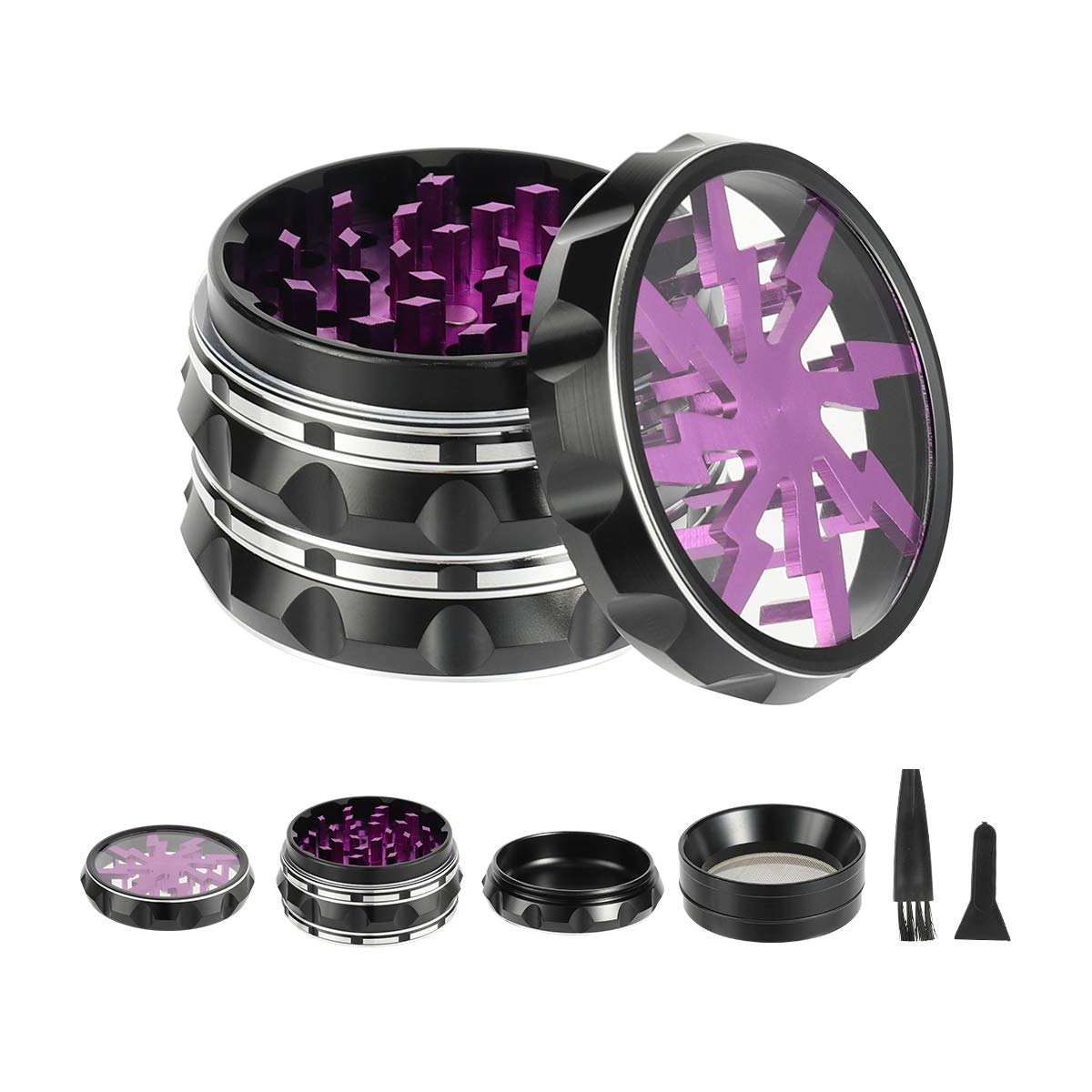 TIRIRS 2.5" 4 Pieces Clear Top Herb Grinder - Aluminium Spice Grinder with Pollen Scraper and Cleaning Brush - Black Body with Purple Lightning on Top — image 1
