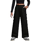 Ltvoo Girls Cargo Pants Loose Casual Joggers Pants Sweatpants Button Front Baggy Trousers with Multi-Pockets for 8-12Y