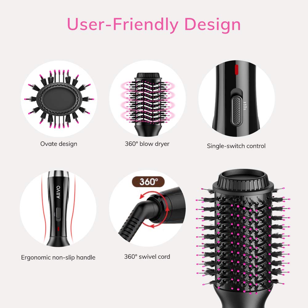 AEVO Hot Air Brush, Combination Hair Dryer Brush & Volumizer, Large Brush Surface, 4-in-1 Hair Dryer, Styler, Curler, Straightener [3 Modes], Black : Beauty