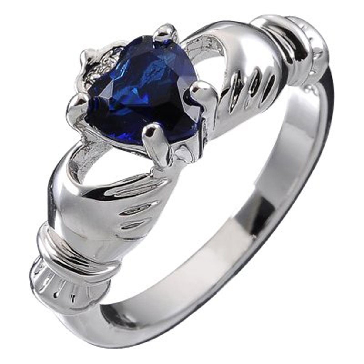 GWG Jewellery 925 Sterling Silver Claddagh Love Ring with Sapphire Blue Heart Stone, Hands, and Crown – 6 in Gift Box for Women