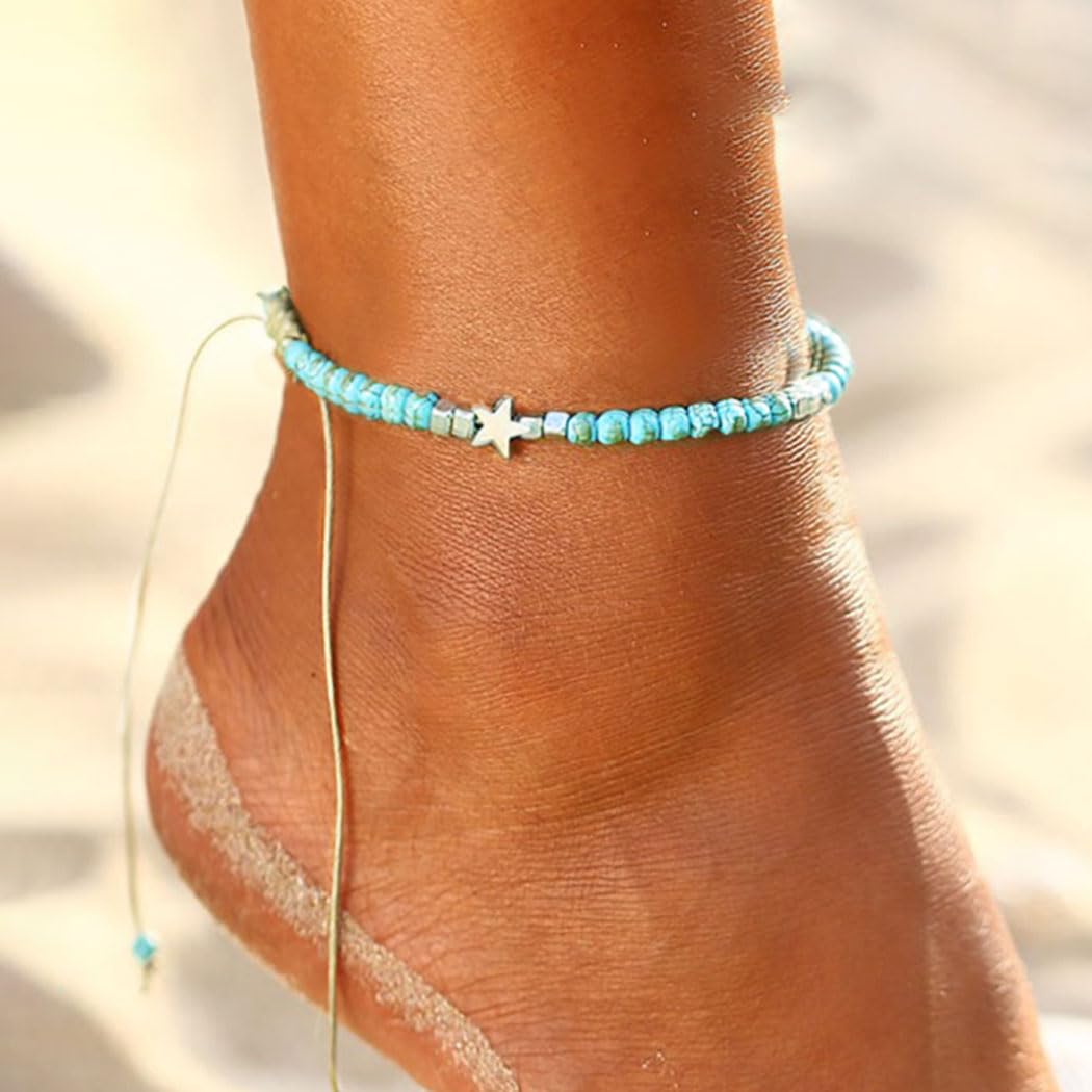 Vakkery Turquoise Ankle Bracelets Silver Boho Beaded Braided Rope Foot Bracelet Beach Star Woven Anklets for Women and Girls