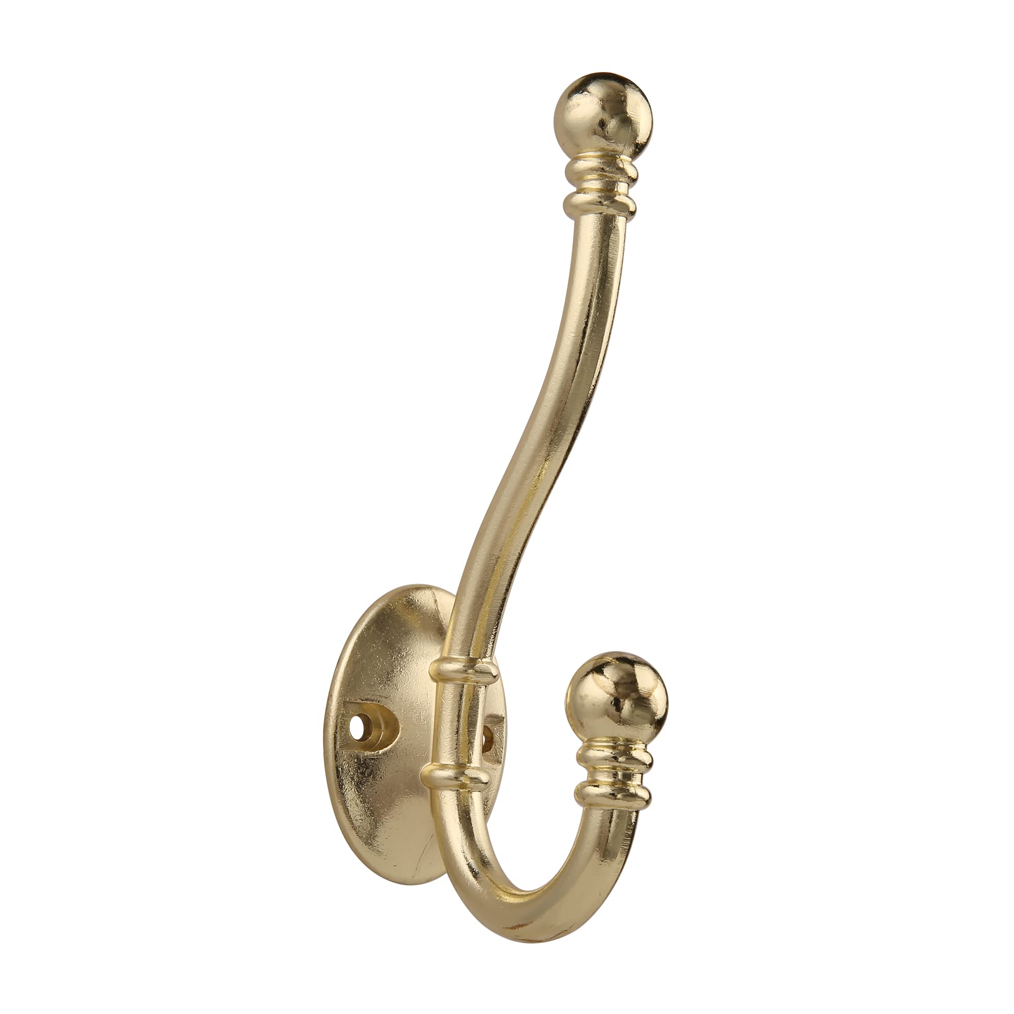 HASWARE 6 PCS Double Prong Robe Hook, Large Dual Coat Hooks with 12 Pieces Screws Wall Mounted Hooks Robe Antique Hooks Hangers Heavy Duty for Home Coats Hat Clothes Hanger Towel Keys (Bright Brass)