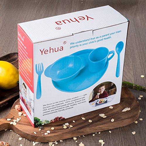 Childrens Dinnerware Set 5 Pieces, Yehua Baby, Toddler, Kids Tableware Set - Spoon, Fork, Cup, Plate, Bowl - FDA/BPA Free Certified Silicone, Unbreakable, Best Gifts With Child 1-13 Years Old - Blue