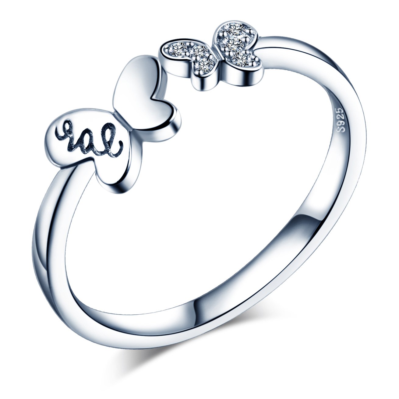 Infinite U Lovely Double Butterflies Love Engraved 925 Sterling Silver Cubic Zirconia Girls Band Ring Open Ring, Adjustable Size L-O