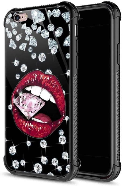 Amazon Com Iphone 6s Case Red Lip Pink Diamond Iphone 6 Cases Tempered Glass Back Soft Silicone Tpu Shock Protective Case For Apple Iphone 6 6s