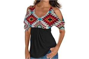 GENERIC Tunic Tops for Women Cold Shoulder Short Sleeve Aztec Ethnic Print Blouse Crewneck Aztec Western Shirt Plus Size Flowy Tshirt