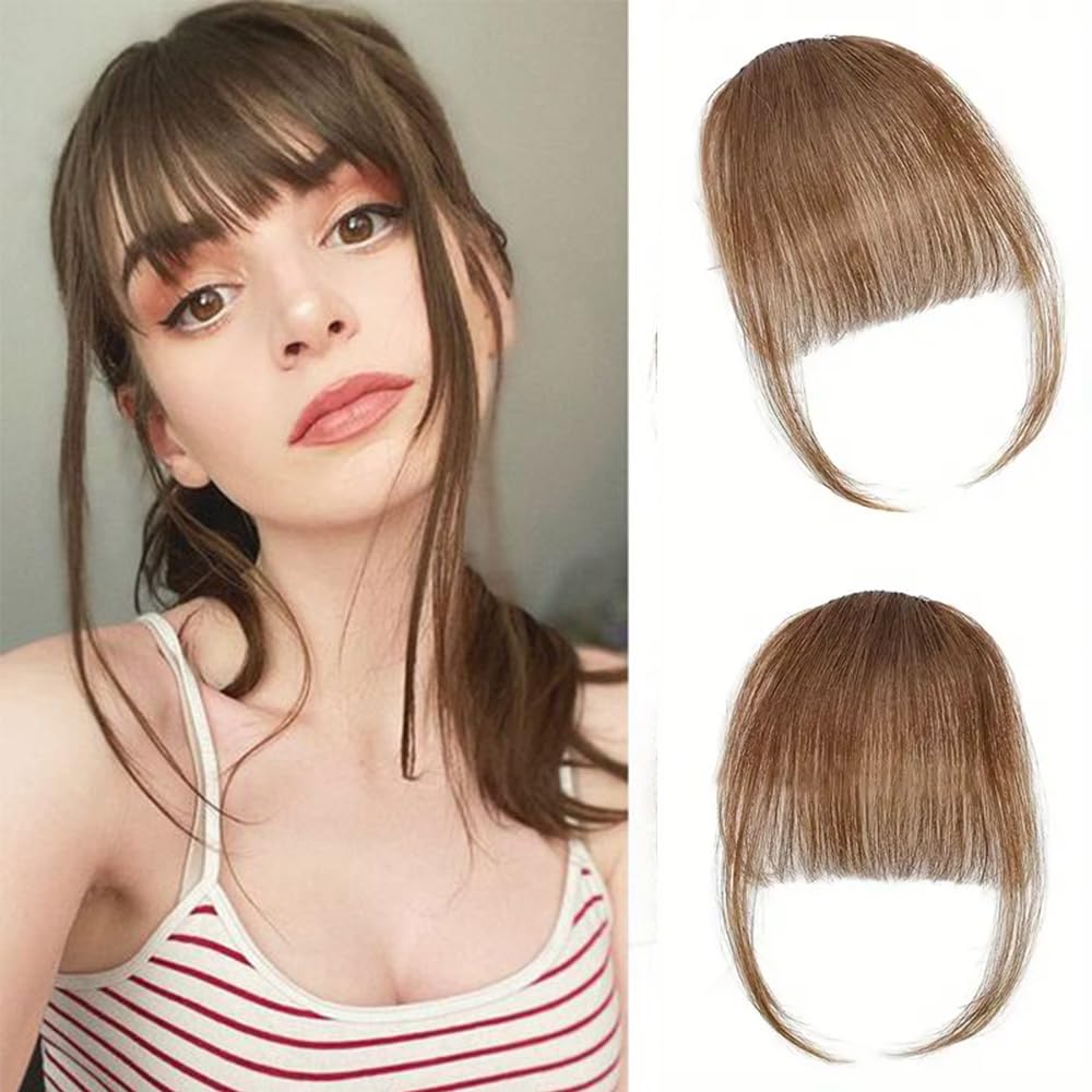Datanala Clip in Bangs 100% Human Hair Air Bangs Clip in Hair Extensions Light Brown Air Hair Bangs With Temples Hairpieces Curved Bangs For Women Daily Wear
