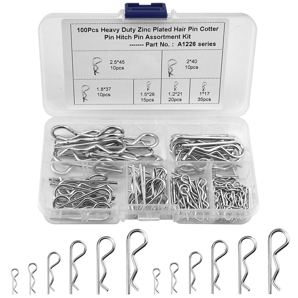 TOVOT 100PCS 6 Sizes R Pins Assortment Kit Heavy Duty R Clips Cotter Pins Set Zinc Plated Spring Fasteners
