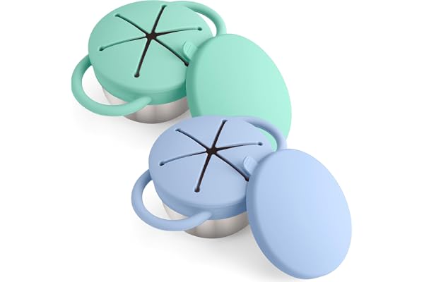 Mity rain 2PCS Stainless Steel Snack Containers for Toddlers | with Spill-Proof Silicone Lids Handles - 3-in-1 Baby Snack Cups, No-Spill Toddler Snack Box (Blue+Green)