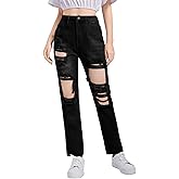 SweatyRocks Teen Girl's High Waisted Straight Leg Ripped Jeans Washed Denim Pants with Pockets