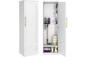 Homiflex Broom Closet Storage Cabinet, 65" H Slim Utility Closet with Door and Shelf, Tall Vacuum Storage Cabinet with Hooks for Cleaning Tool, Broom Closet Organizer for Bathroom, Garage, White