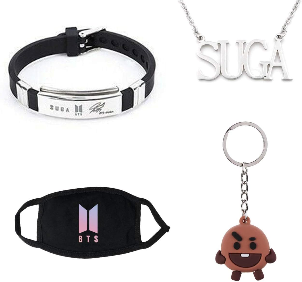 IMH BTS Bangtan Boys Gift Set for Army – Stainless Bracelet BTS Face Mask 3D Keyring BTS Member Name Necklace (Suga)