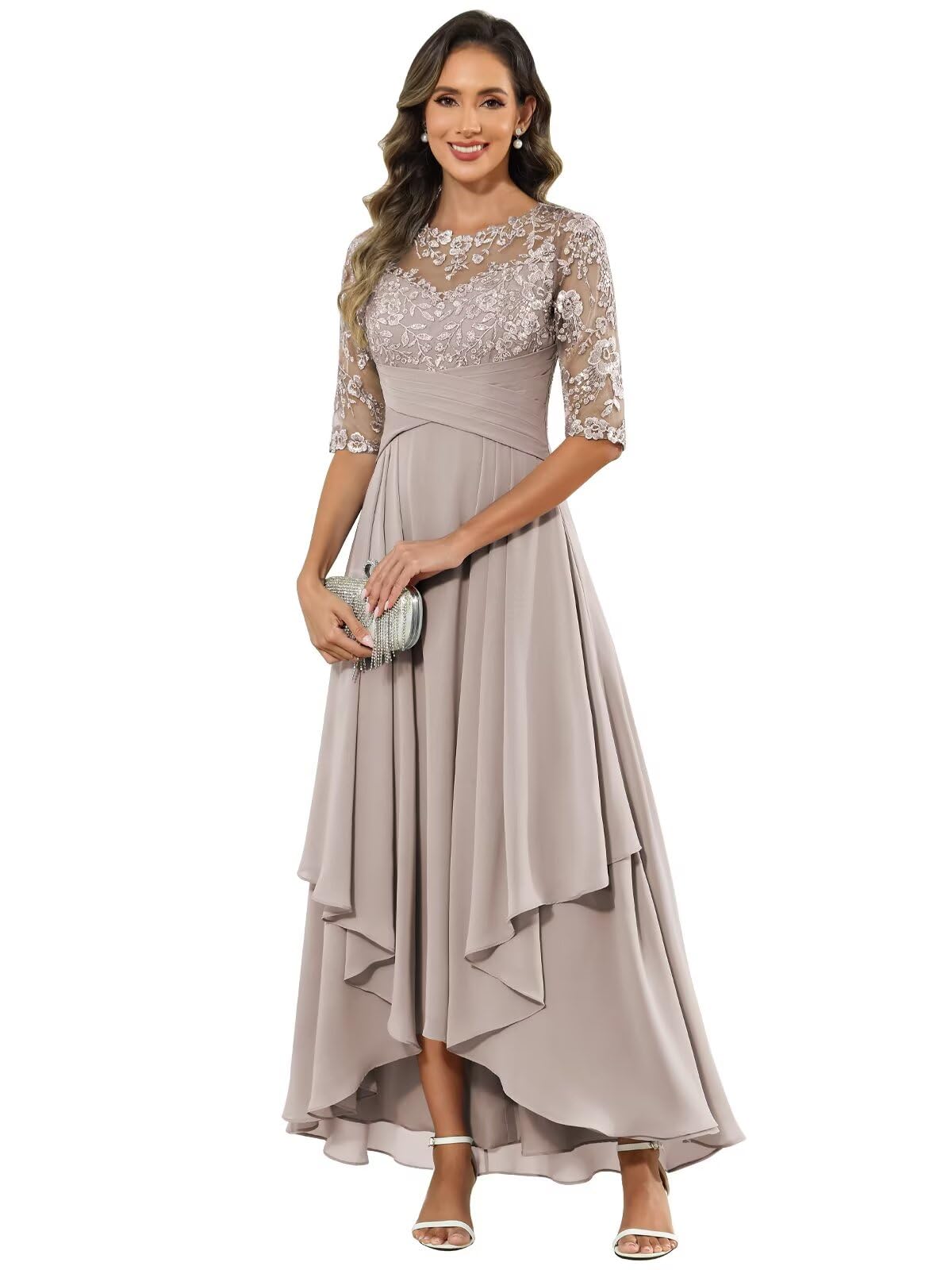 Sredhy Taupe Tea Length Mother of The Bride Dress