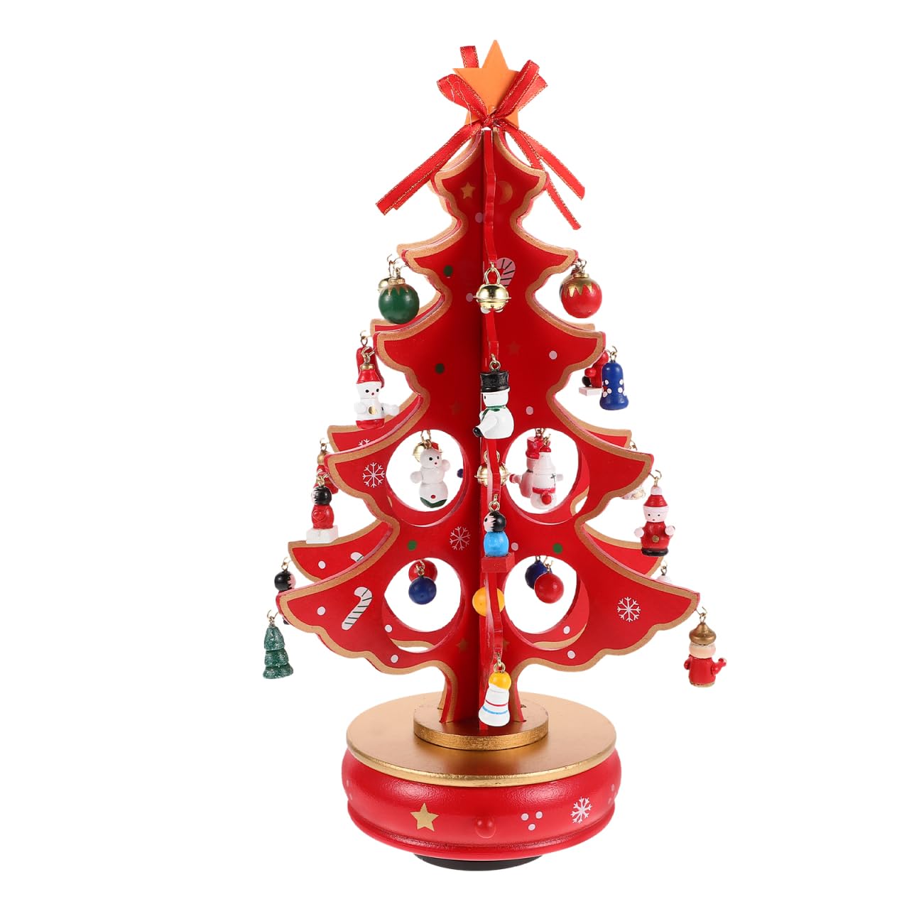Cabilock Christmas Tree Classic Music Box Wooden Clockwork Design Christmas Tree With Snowman Pendants Miniature Handmade Melody Box Ornaments For Holiday Festival, Red