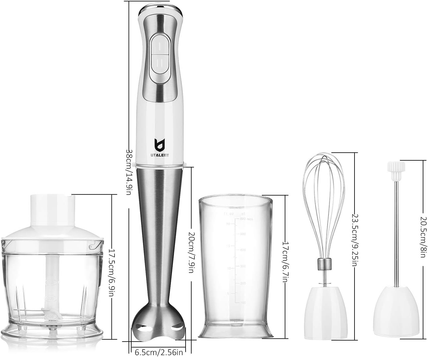 Immersion Hand Blender, Utalent 5-in-1 8-Speed Stick Blender with 500ml Food Grinder, BPA-Free, 600ml Container, Milk Frother, Egg Whisk, Puree Infant Food, Smoothies, Sauces and Soups - White: Kitchen & Dining