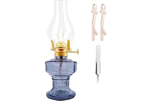 RNUIE Kerosene Oil Lamp,1 Vintage Kerosene Lamp,1 Tweezers and 2 Wicks,Glass Hurricane Lantern for Indoor Lighting Decoration Outdoor Camping Use (Blue)