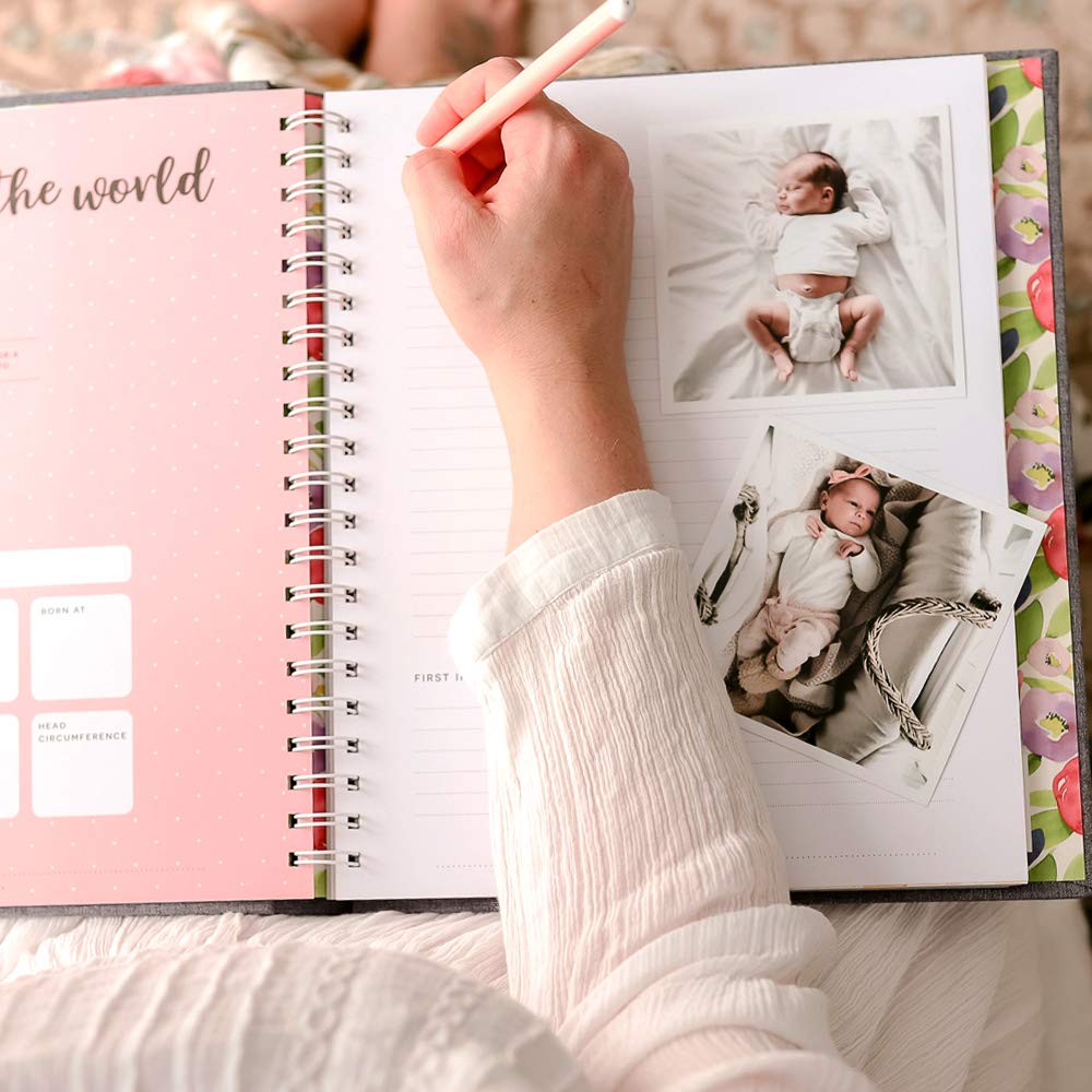 Peachly Minimalist Baby Memory Book for Girls Milestone Keepsake Journal | First Five Years Baby Girl Memory Book | Baby Keepsakes First Year Memory Book | Baby Girl Baby Book | Grey Linen Botanica : Baby