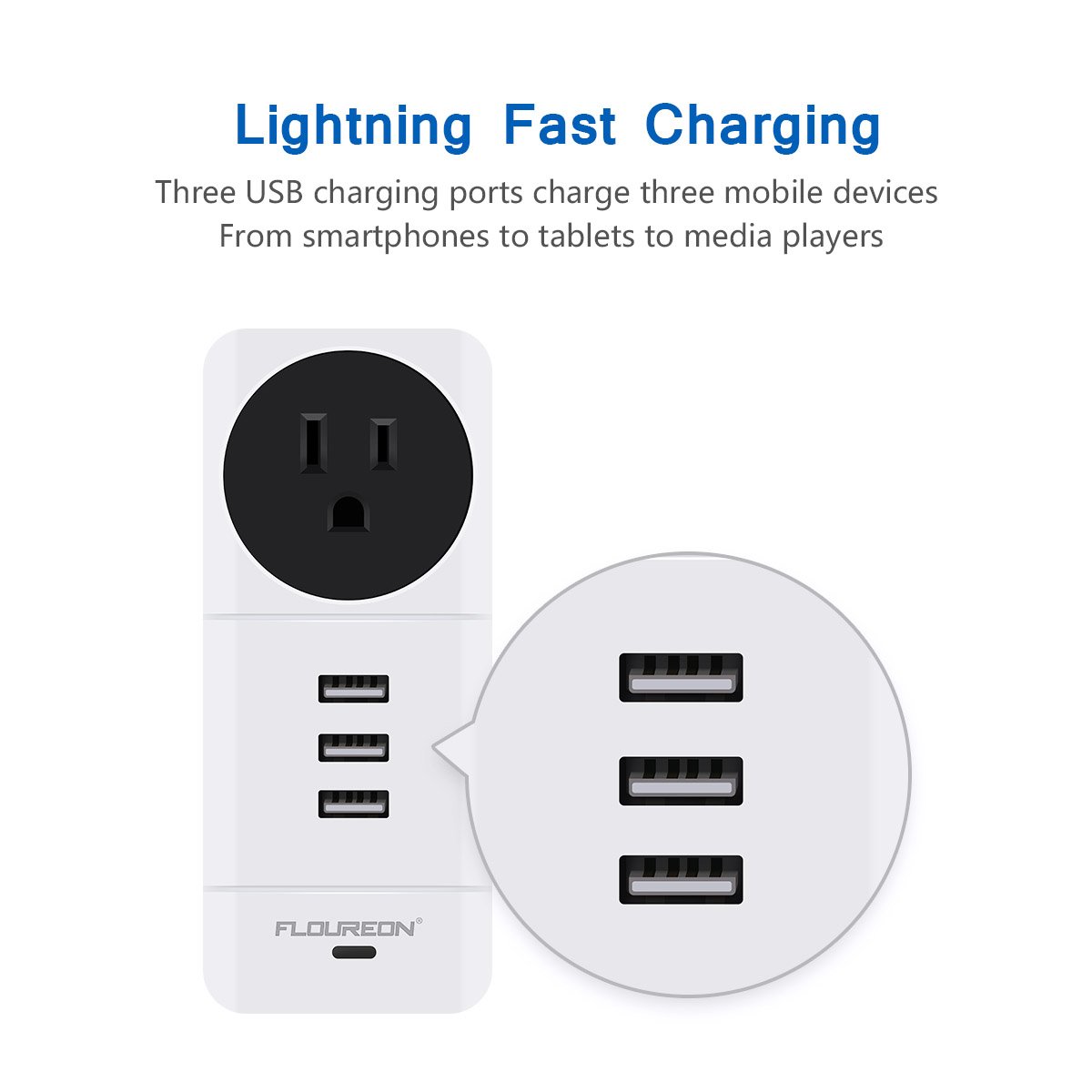 FLOUREON Power Strip USB Phone Charger Portable Travel Wall Charger with Rotate Plug(1 AC Outlet + 3 USB Ports) Charging Station with Smart IC
