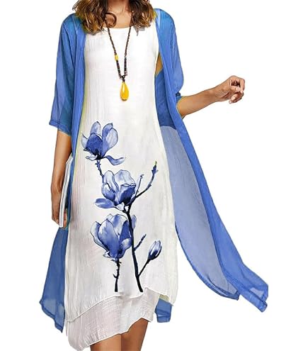 LAOMIT Women's 2-Piece Outfit Summer Floral Dress with Matching Cardigan Set Loose Sleeveless Midi Dress for Wedding Guest, Navy Blue Cardigan & Checkerboard Print Dress at Amazon Women's Clothing store