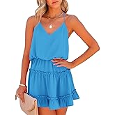 Newffr Womens V Neck Summer Mini Dress Sleeveless Ruffle Spaghetti Strap Racerback Flowy Beach Vacation Sundresses