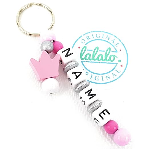 Schlüsselanhänger mit Namen in Rosa und Krone Motivperle für Rucksack, Wickeltasche, Kindergarten oder Schultasche, Individue