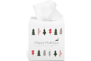 Essentra Home Decorative Matte White Christmas Tissue Box Cover – Square Polyresin Holder with Festive Trees and Reindeer – Holiday Bathroom, Kitchen, Office & Home Decor