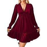 EHSUYAB Women Velvet Mini Dress Wedding Guest,V Neck Long Sleeve Cocktail Dresses,Thanksgiving Christmas Holiday Party Outfit