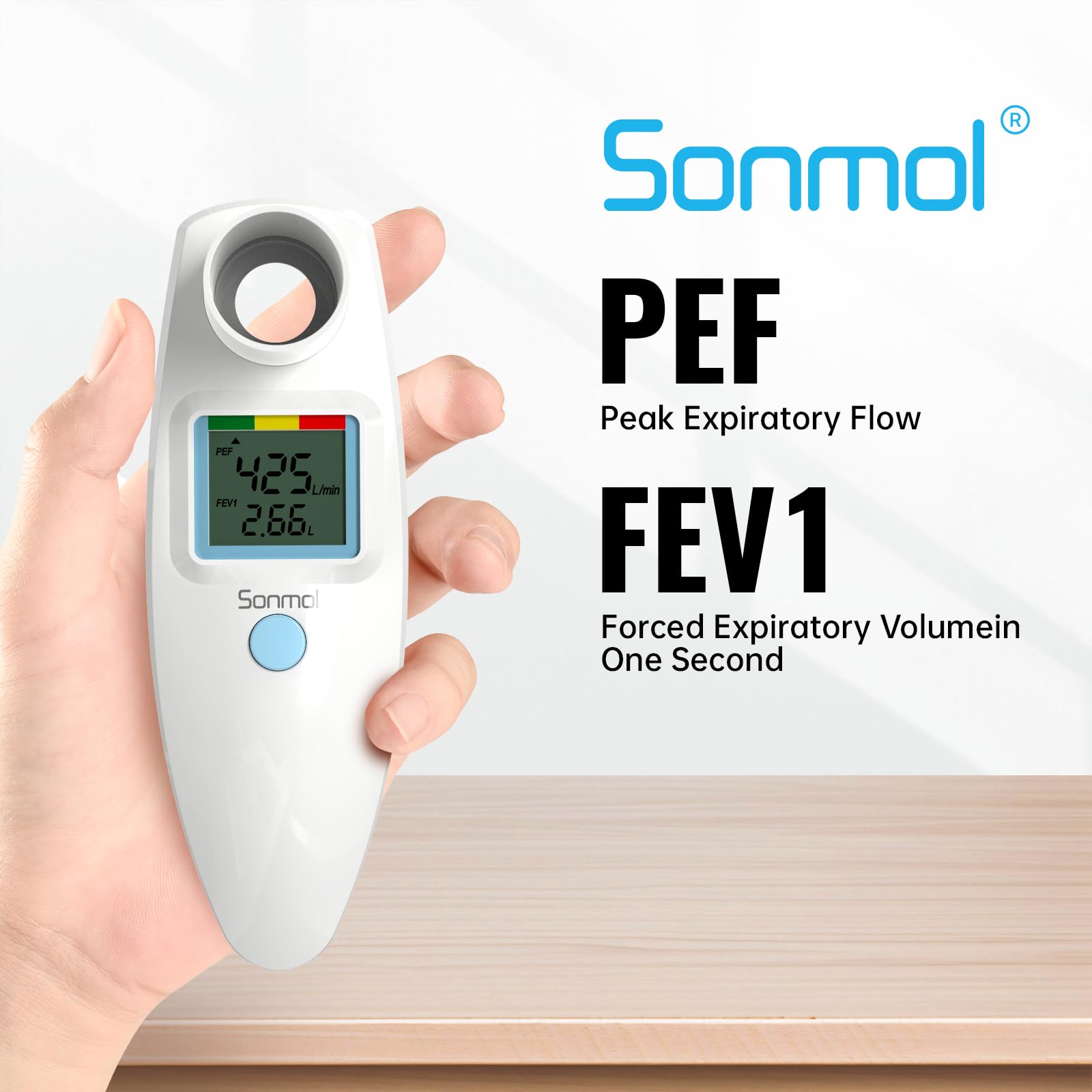 Sonmol Digital Peak Flow Meter Portable PEF Forced Expiratory Volume FEV1 Tester with Red Yellow Green Risk Indicator