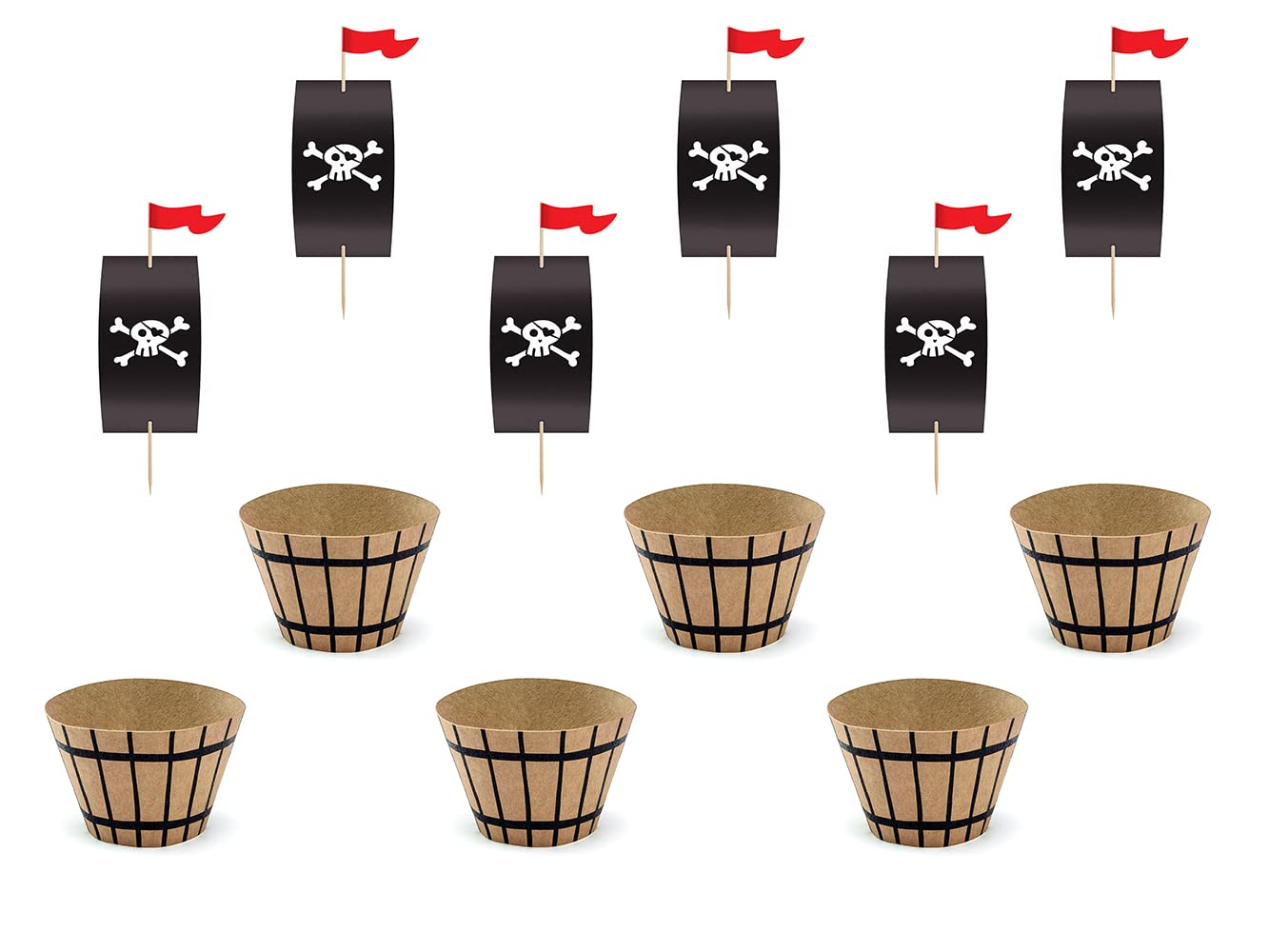 PartyDeco Pirate Muffin Cases 5 x 7.5 x 5 cm & Cake Topper 20 cm Set of 6, 18-Piece - Muffin Set - Cupcake Topper and Baking Cups for Children's Birthday Pirate Party Treasure Hunt